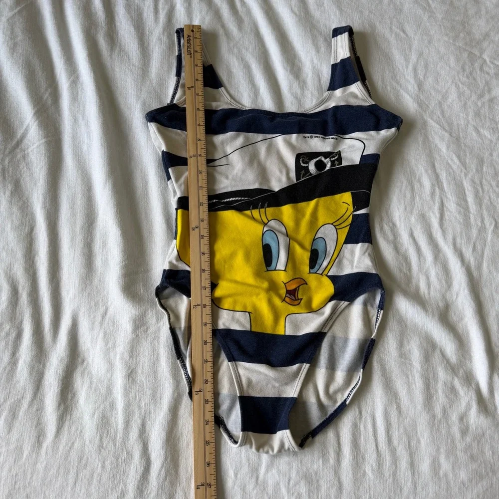 Vintage 1994‎ Looney Tunes Tweety Bird One Piece Swimsuit Navy White 9/10